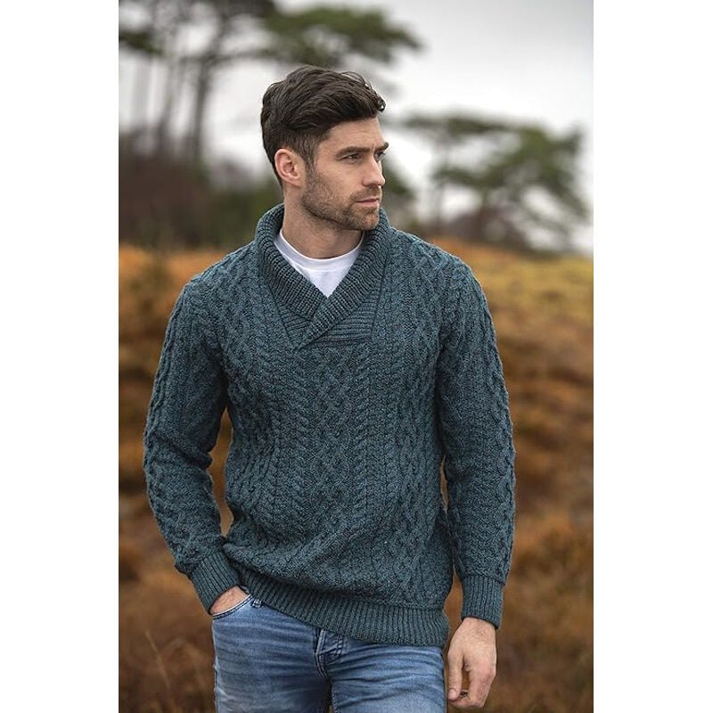 Men's Soft Irish Cable Knit Shawl Collar Sweater